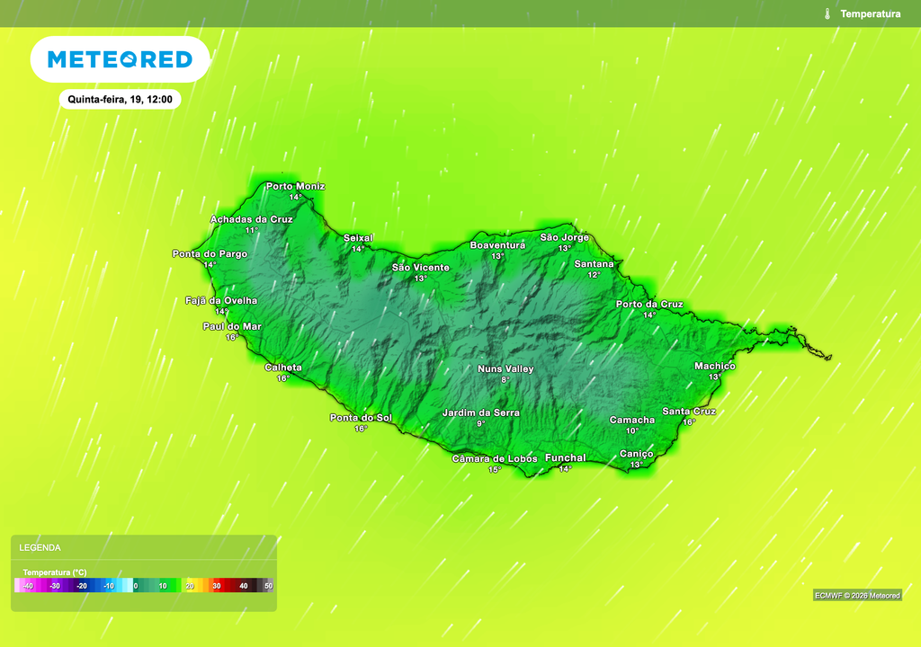 Os valores de temperatura deverão manter-se relativamente amenos no arquipélago, com cerca de 14–16 °C no litoral e temperaturas mais baixas nas zonas montanhosas, influenciadas pela altitude e pela maior nebulosidade associada à depressão atlântica.