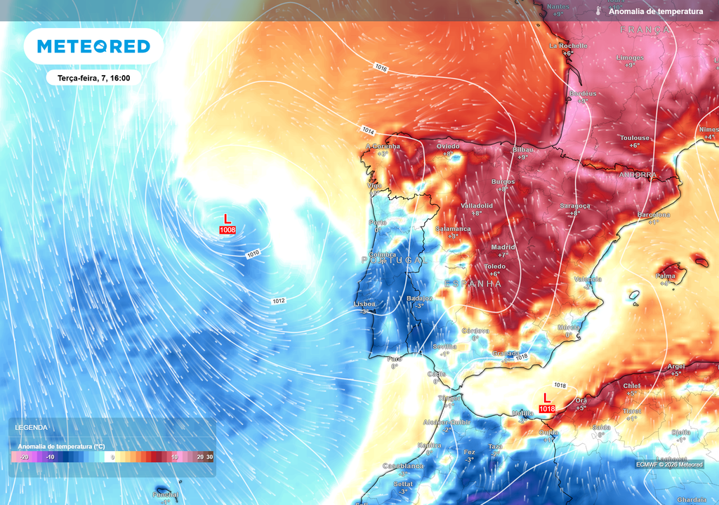 anomalia de temperatura As anomalias térmicas irão inverter-se entre segunda e terça-feira, onde até segunda se deverão manter positivas em todo o território continental e na terça-feira apenas alguns locais deverão escapar das anomalias negativas (pelas 16h). À noite esperam-se valores abaixo da média em todo o continente.