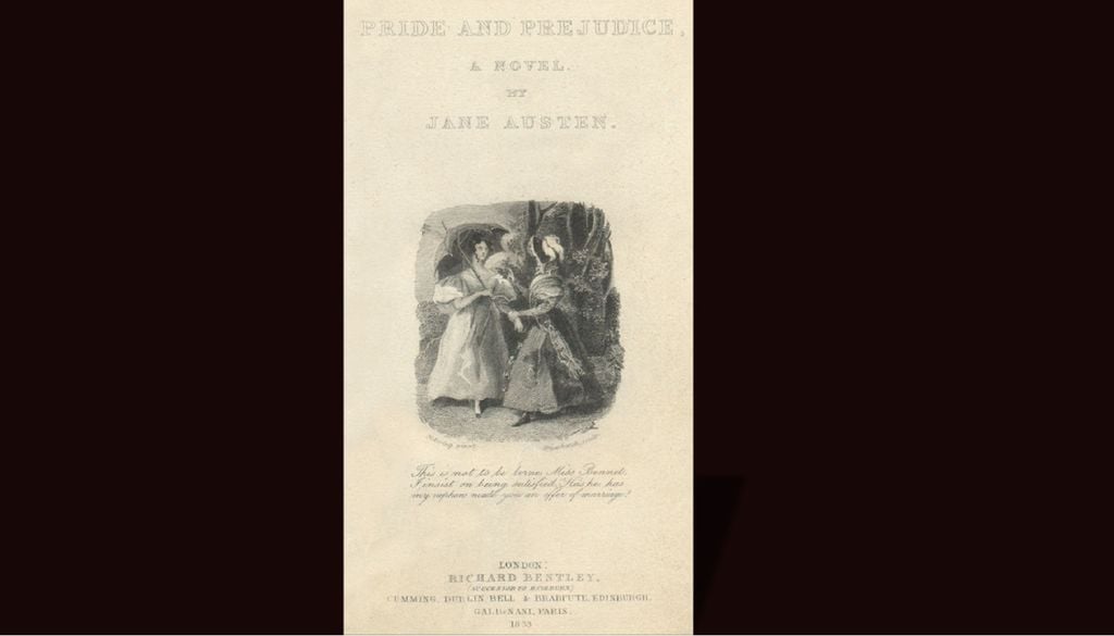 Jane Austen retratou uma época em que o casamento começava a libertar-se dos interesses familiares. O estudo sugere que a melhoria das condições de vida reforçou o peso do amor na escolha de um companheiro. Ilustração: Richard Bentley (1833) / domínio público