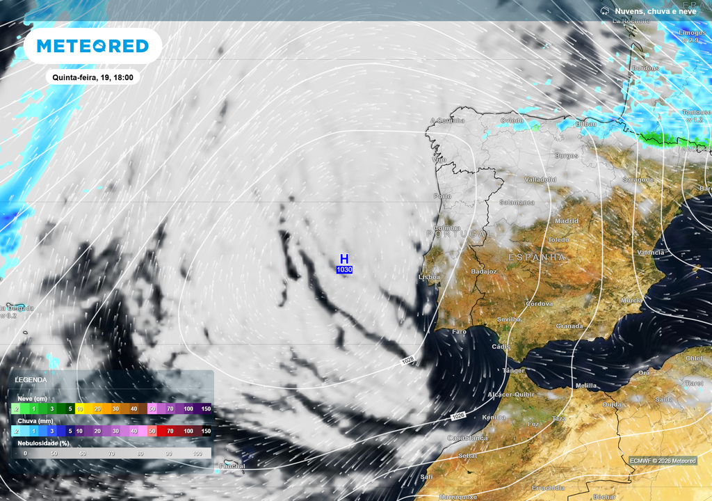 Mapa atmosférico: Pressão atmosférica Aproximação de um centro de altas pressões (≈1030 hPa) à Península Ibérica. Diminuição significativa da nebulosidade e início da estabilização atmosférica, com abertas sobretudo na região sul.