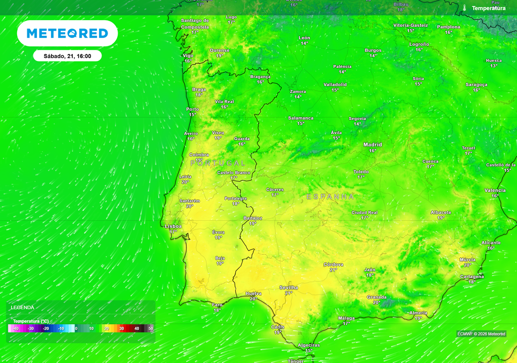 Tarde amena sob domínio anticiclónico, com máximas entre 16°C e 20°C em grande parte do território, especialmente no Alentejo e vale do Tejo, evidenciando forte amplitude térmica diária.