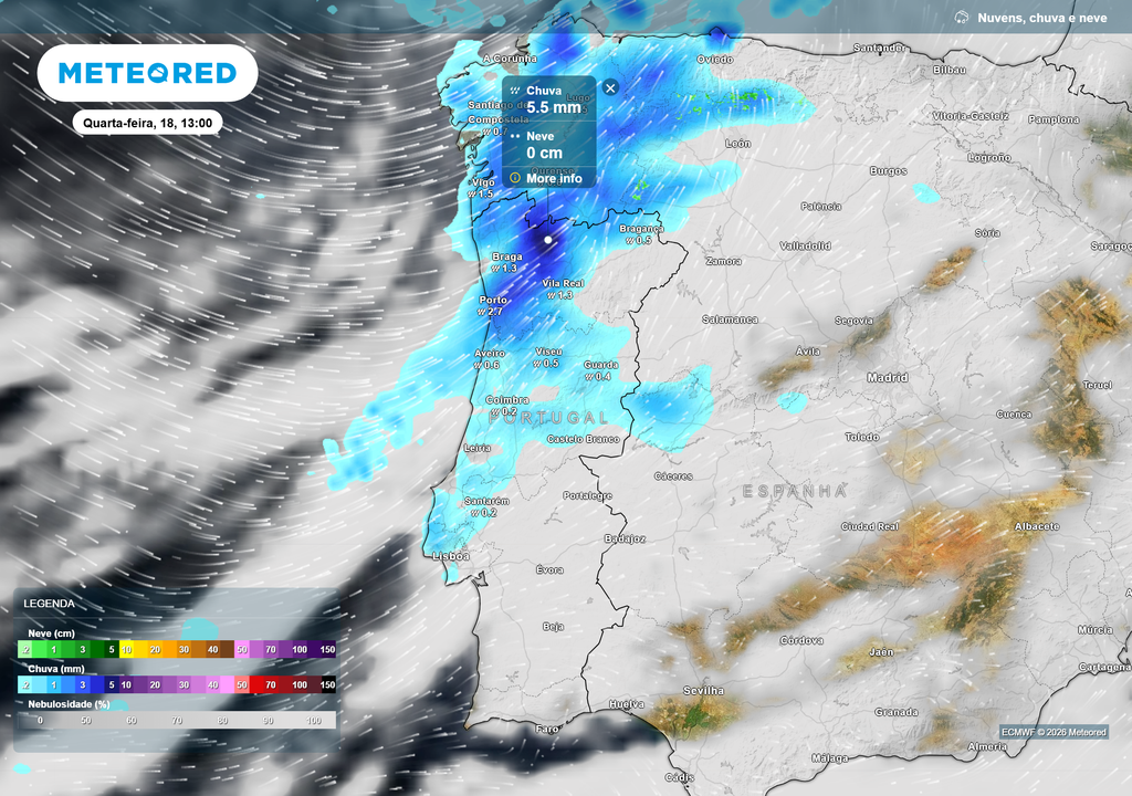 Chuva associada a uma depressão a circular a norte da Península Ibérica. Precipitação moderada no Minho e Douro Litoral, com acumulados horários a rondar 2–6 mm, estendendo-se gradualmente para sul.