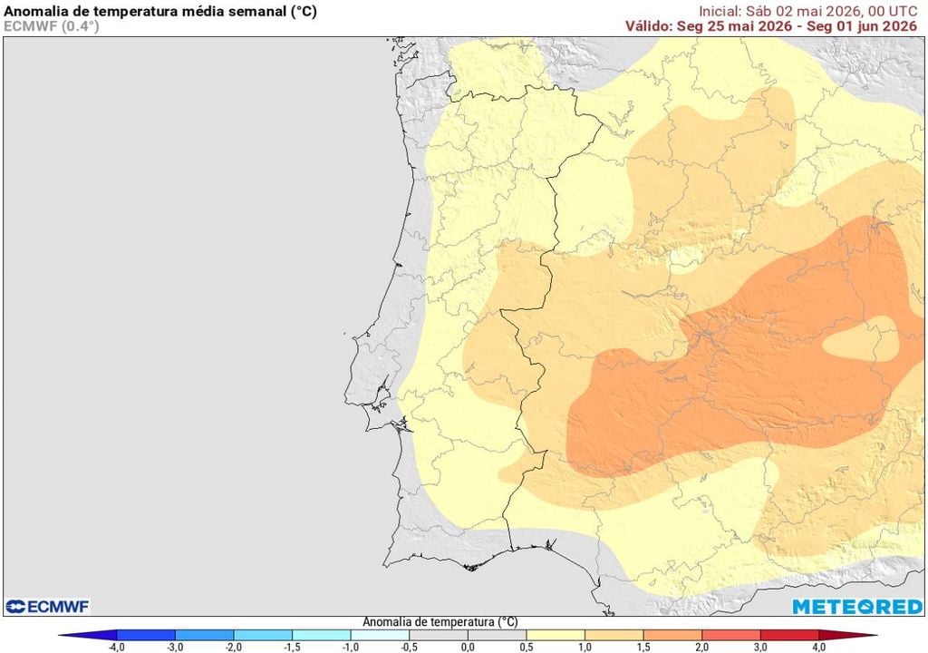 O panorama poderá alterar-se radicalmente na segunda quinzena, estando previstas anomalias térmicas positivas, especialmente no interior Centro e Sul.