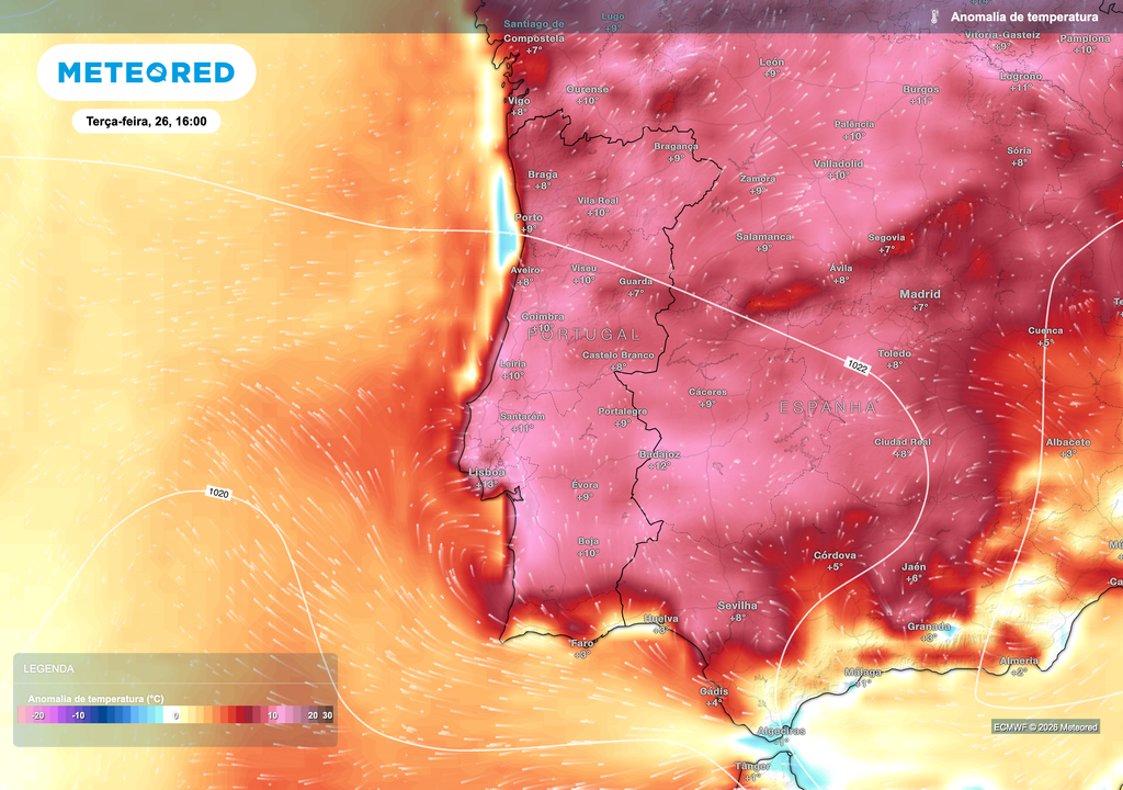 As anomalias térmicas poderão superar os 10 ºC em várias regiões de Portugal continental durante terça-feira, refletindo um episódio de calor significativamente acima da média para o final de maio.