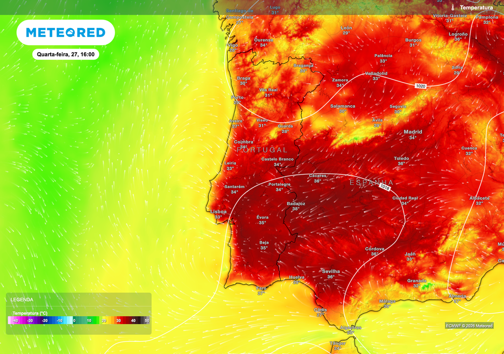 As temperaturas poderão ultrapassar os 35 ºC em várias regiões do interior durante quarta-feira, especialmente no Alentejo, vale do Tejo e interior Centro, devido à persistência de uma massa de ar mais quente e estável sobre a Península Ibérica.