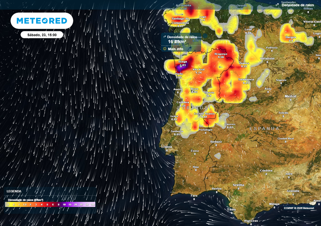 Prevê-se a ocorrência de descargas elétricas localmente severas nas Região Norte, Centro e Alto Alentejo este sábado, 23 de maio, com destaque para a área entre Braga e Porto e em particular durante a tarde.