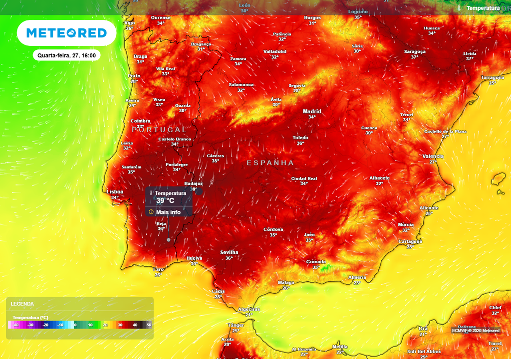 Para quarta-feira, 27 de maio, preveem-se temperaturas máximas muito próximas dos 40 ºC no vale do Guadiana, onde se destacará particularmente a localidade de Mértola.