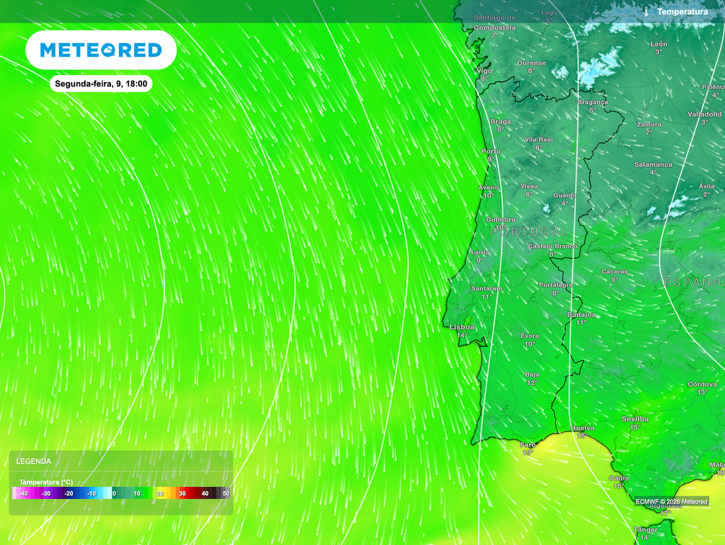 Temperaturas previstas para o final da tarde de segunda-feira (9) evidenciam a entrada de ar mais frio sobre a Península Ibérica após a passagem da frente fria. Esta descida térmica poderá contribuir para a ocorrência de neve nas zonas de maior altitude, especialmente durante períodos de aguaceiros mais intensos.
