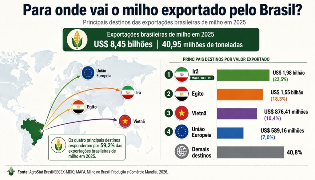 Brasil, milho, mercado O milho brasileiro chegou a mercados distantes em 2025, com Irã, Egito, Vietnã e União Europeia concentrando quase 60% do valor exportado pelo país.