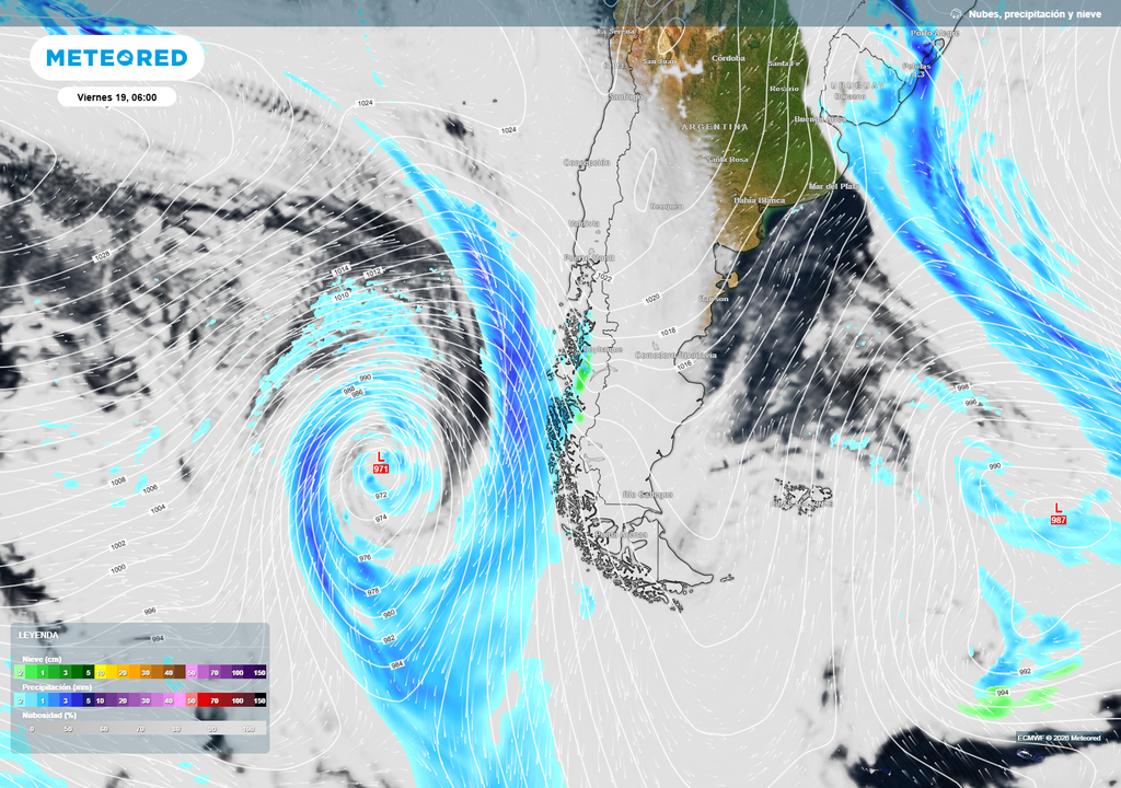 Sistema frontal ingresaría por la Patagonia durante la mañana del viernes, asociado a un centro de baja presión en el Pacífico sur, dejando nubosidad, precipitaciones y viento en la zona austral.