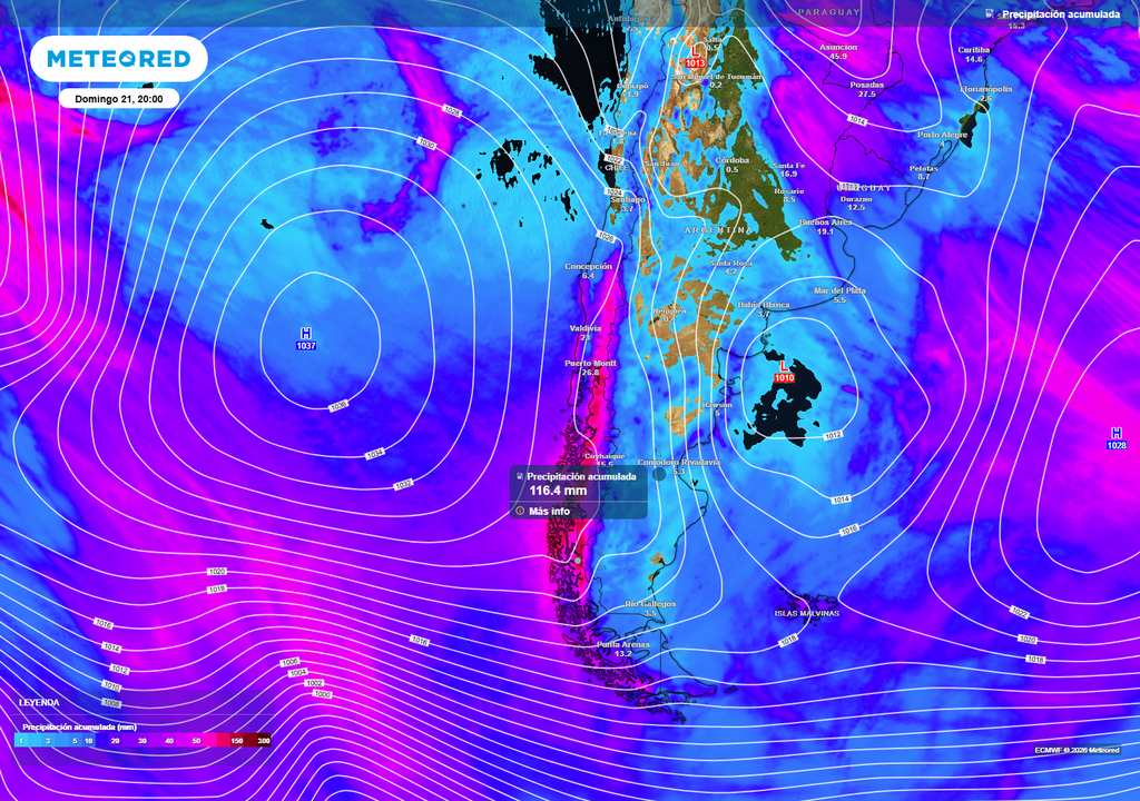 Los Lagos concentraría los mayores acumulados del sistema frontal, con montos cercanos a 120 mm en algunos sectores precordilleranos y cordilleranos.