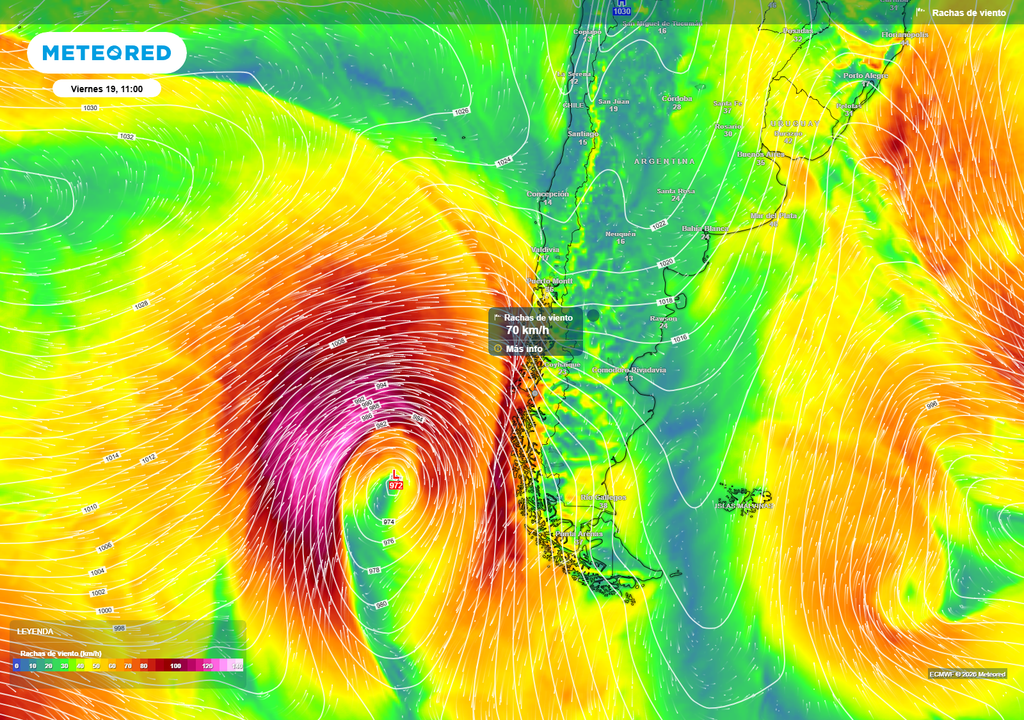 Las rachas de viento podrían superar los 75 km/h en sectores insulares de la Patagonia durante el viernes, asociadas al avance del sistema frontal.