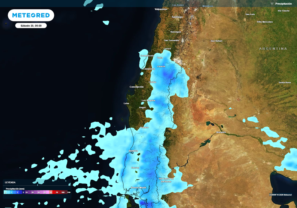 Las precipitaciones previstas para la madrugada del sábado alcanzarán el sur del Maule, con montos bajos en costa y valles, pero más importantes hacia sectores interiores, precordilleranos y cordilleranos.