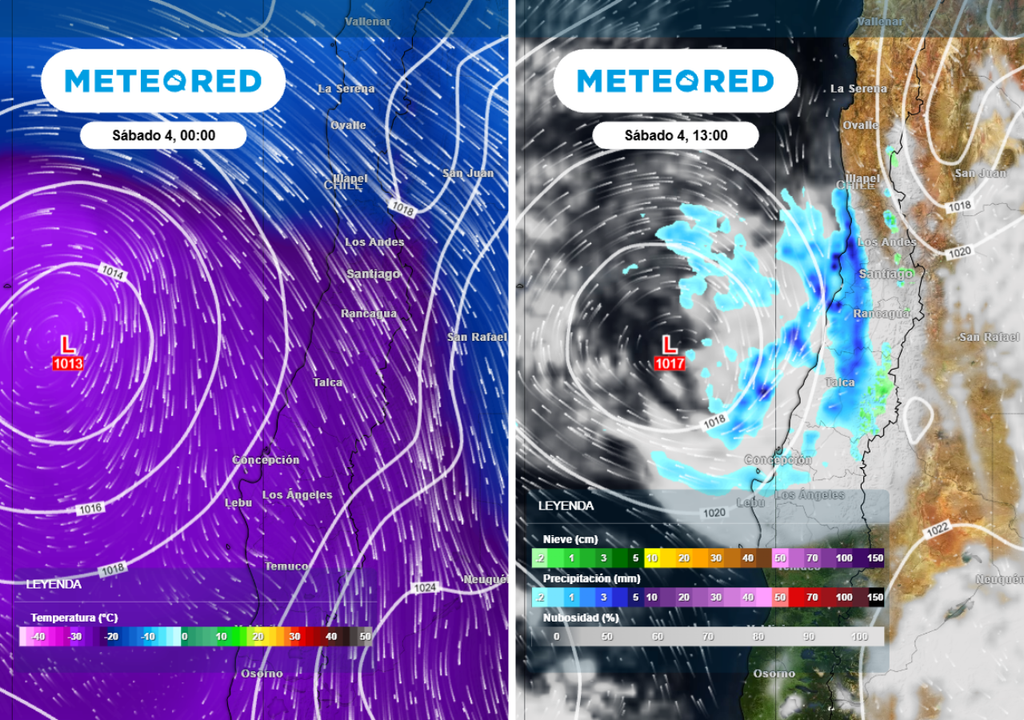 mapas de temperatura en 500 hPa y de precipitaciones Una baja segregada irrumpirá sobre la zona central en las próximas horas, provocando viento y lluvia en la RM.