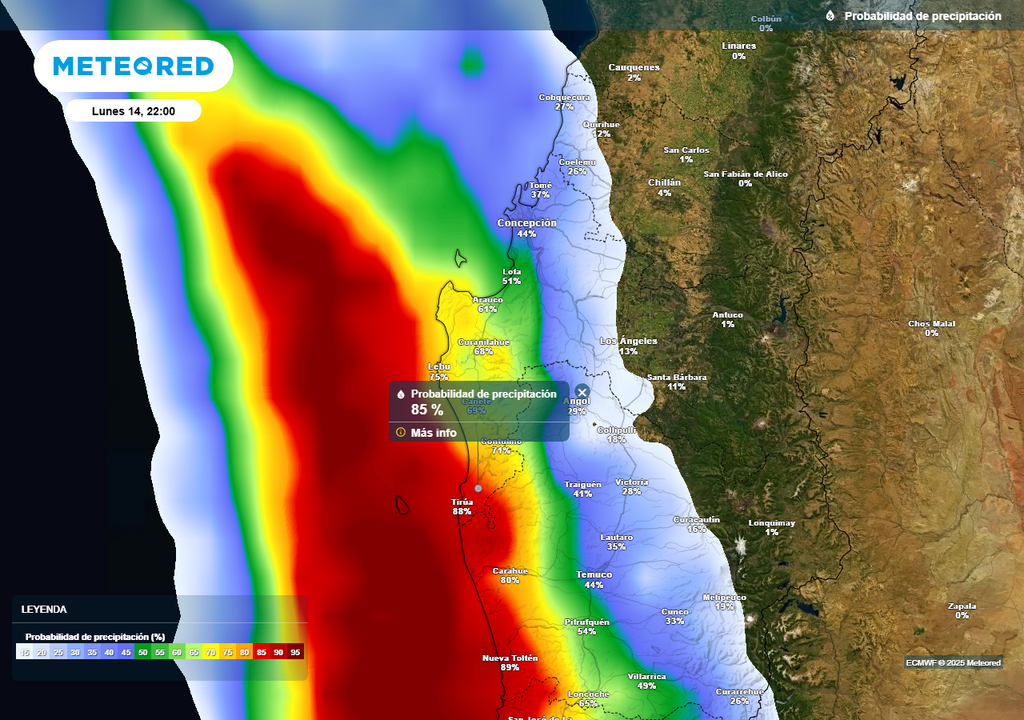 A contar de la noche del lunes 14 de julio lluvias en la Región de Biobío, Chile, Meteored