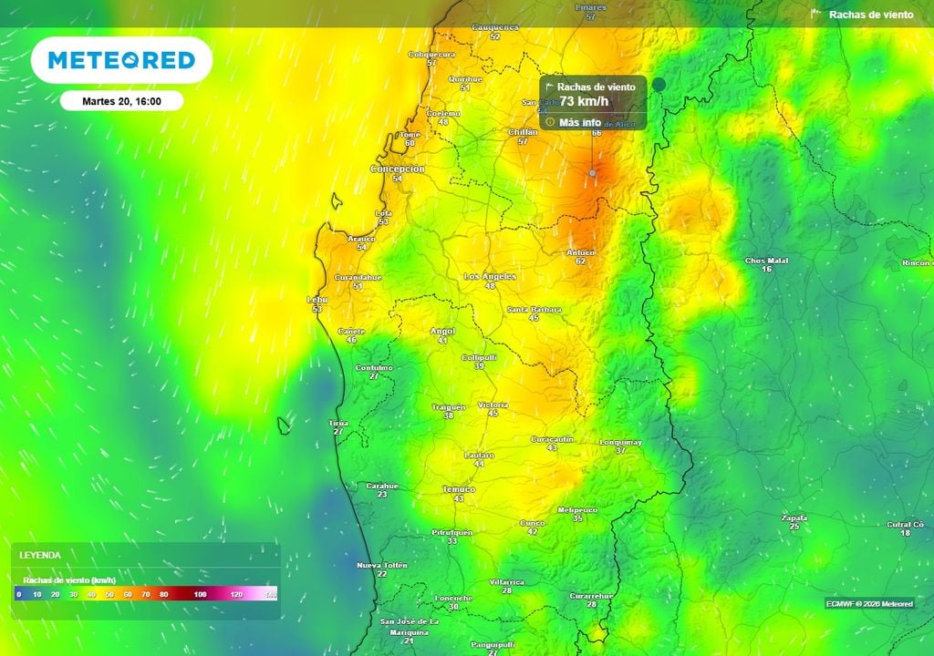 Rachas de viento (km/h) para la tarde del martes (20) en las regiones de Ñuble, Biobío y La Araucanía.
