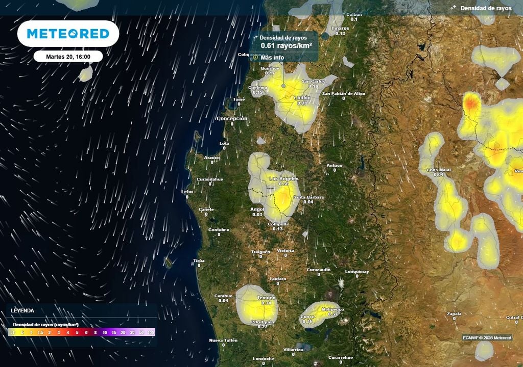 Densidad de rayos (#/km2) para la tarde del martes (20) en las regiones de Ñuble, Biobío y La Araucanía.