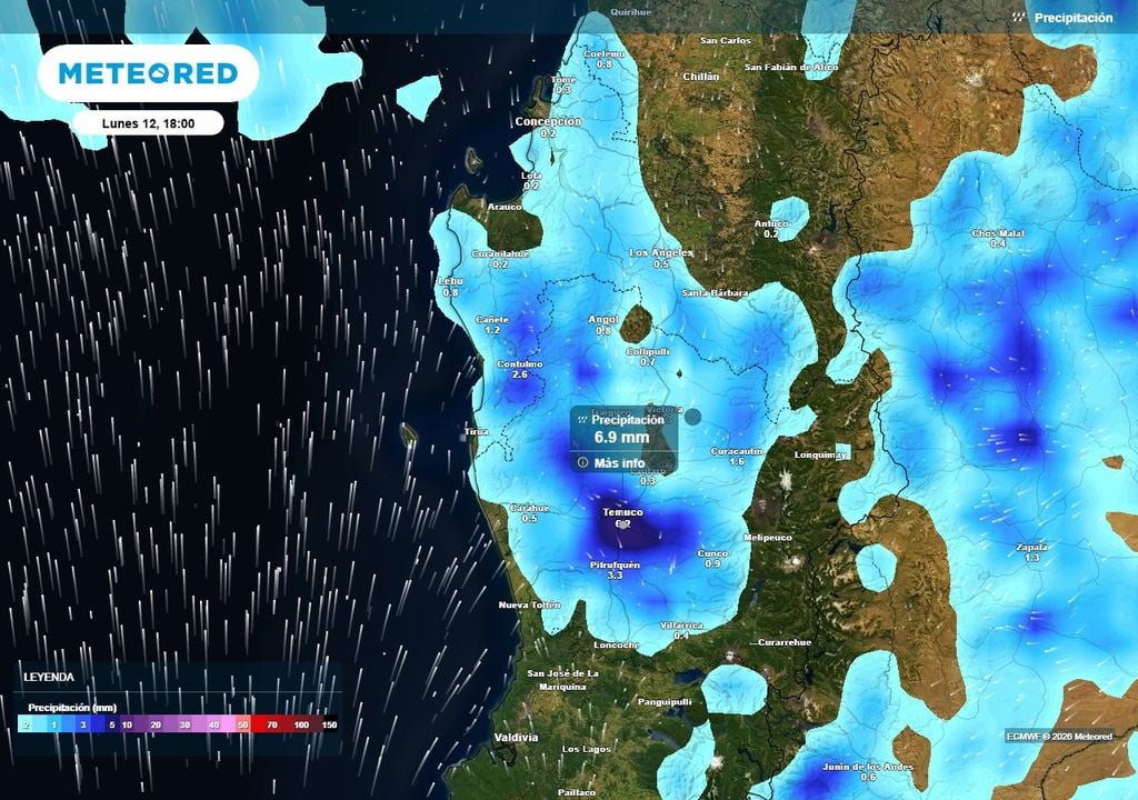 Fuertes pulsos de lluvia para Chile centro-sur Precipitación (mm) para la tarde del lunes (12) en las regiones de Biobío y La Araucanía.