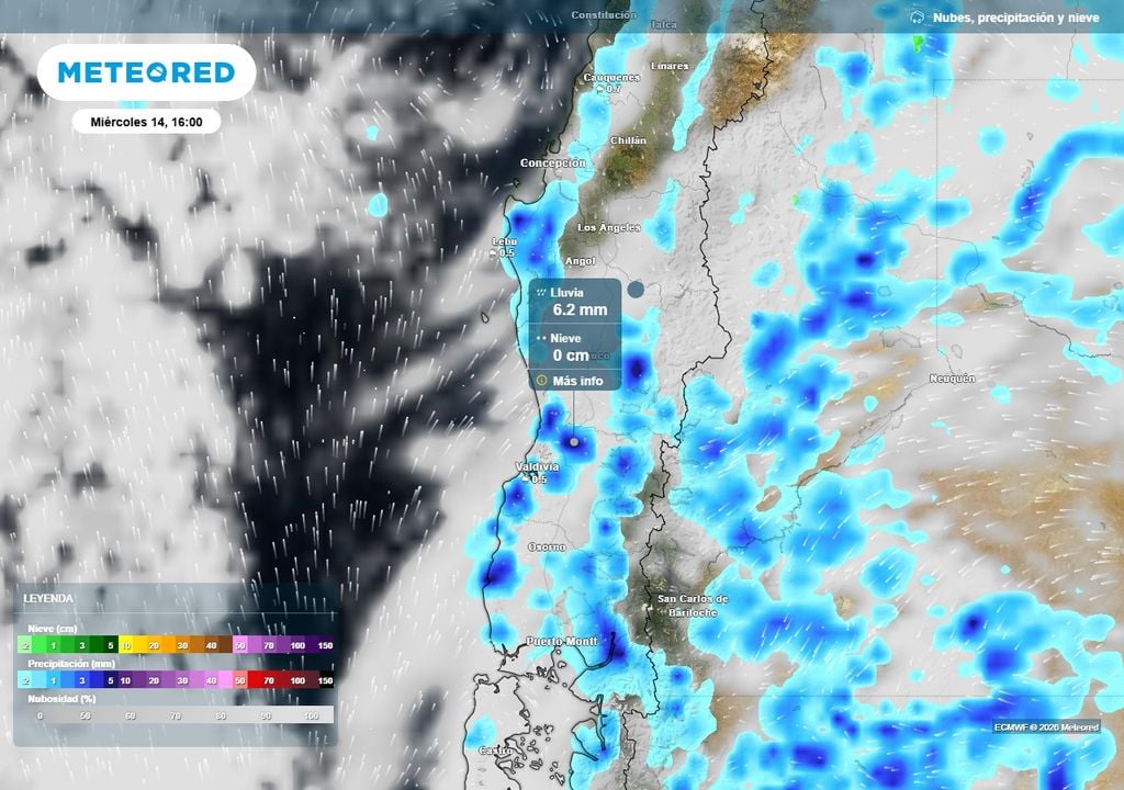 Fuertes pulsos de lluvia en Chile centro-sur Precipitación (mm) para la tarde del miércoles (14) en Chile centro-sur.