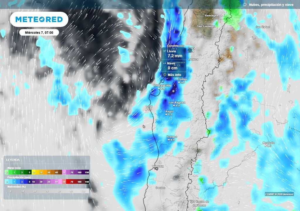 Hasta 3 días con tormentas eléctricas en Chile centro-sur Precipitación (mm) para la mañana del miércoles (07) en Chile centro-sur.