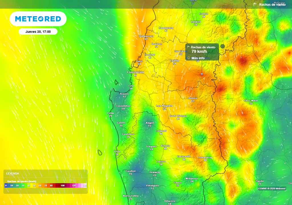 Rachas de viento (km/h) para la tarde del jueves (30) en las regiones de Ñuble y Biobío.