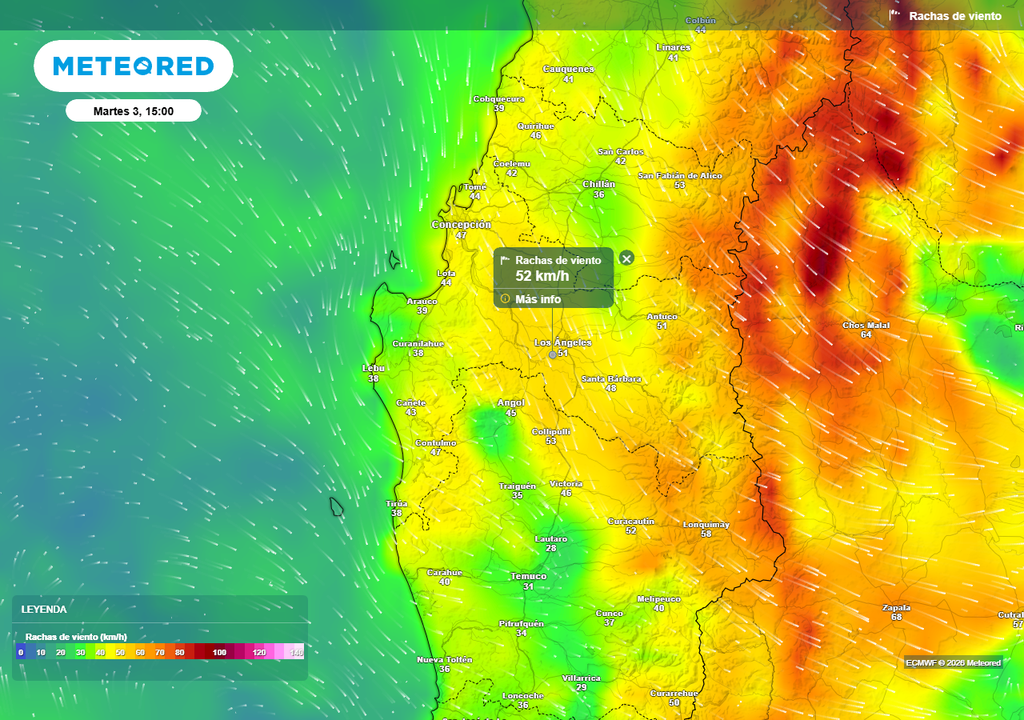 Rachas de viento (km/h) para la tarde del martes 03 de febrero 2026 en Chile centro sur.