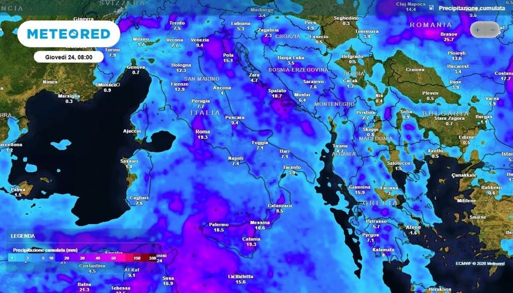 Ecco la distribuzione delle precipitazioni attesa per i prossimi giorni.