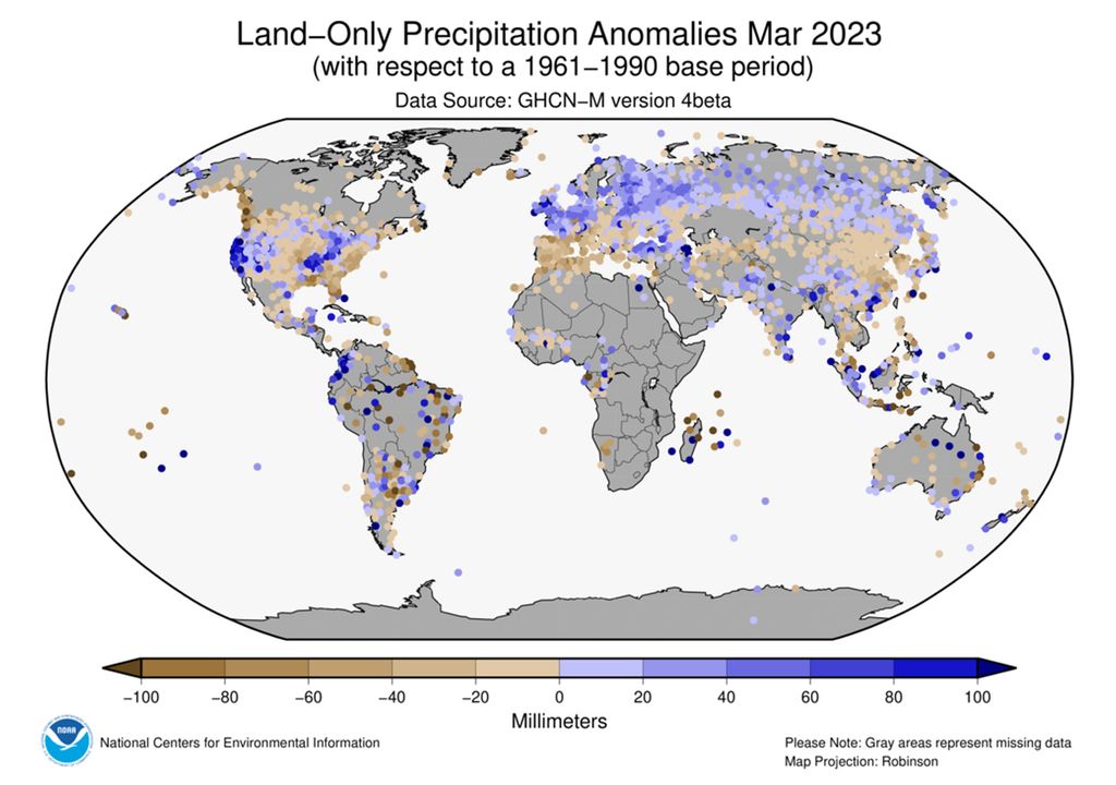 Anomalias de precipitação em março de 2023