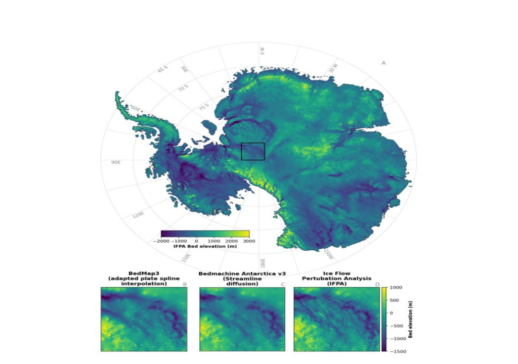 O painel A mostra a topografia subglacial IFPA para todo o continente antártico e os painéis B, C e D mostram uma comparação de diferentes mapas de topografia do leito para a região da Bacia Pensacola-Pole (delineada a preto no painel A). Fonte: Ockenden, H, Bingham, RG, Goldberg, D, Curtis, A & Morlighem, M 2026