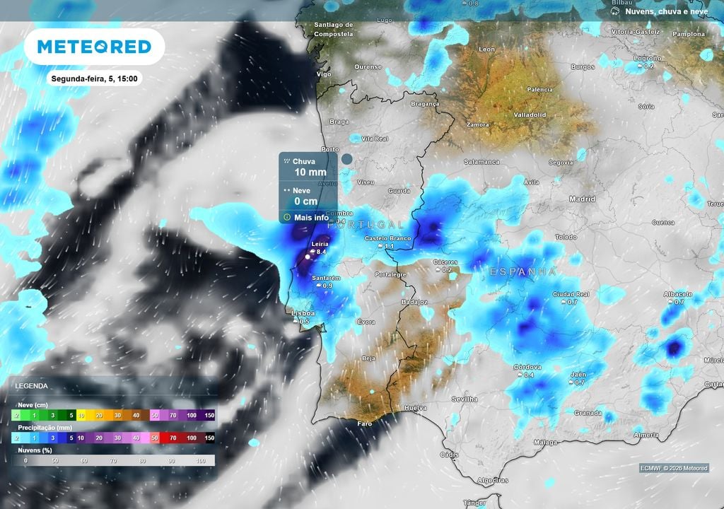 Chuva A gota fria continuará ativa na segunda-feira, com a chuva a atravessar várias regiões de oeste para leste e possibilidade de períodos localmente mais intensos.