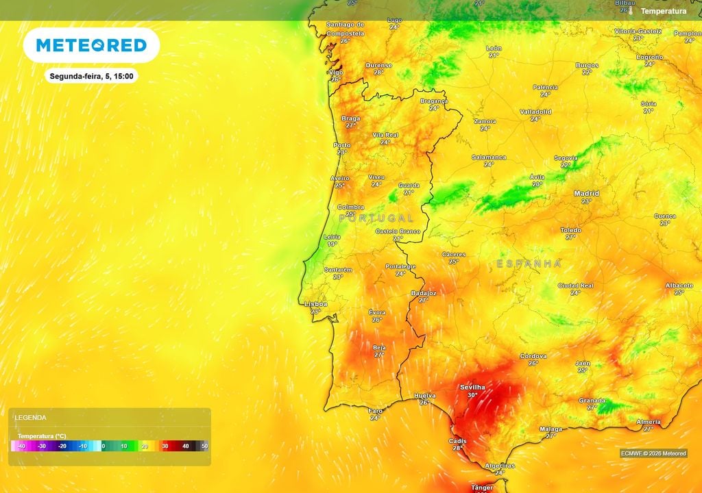 Temperatura Apesar da instabilidade, as temperaturas continuarão amenas e localmente elevadas, com Braga a poder atingir cerca de 27 ºC, enquanto as zonas mais chuvosas ficarão mais frescas.