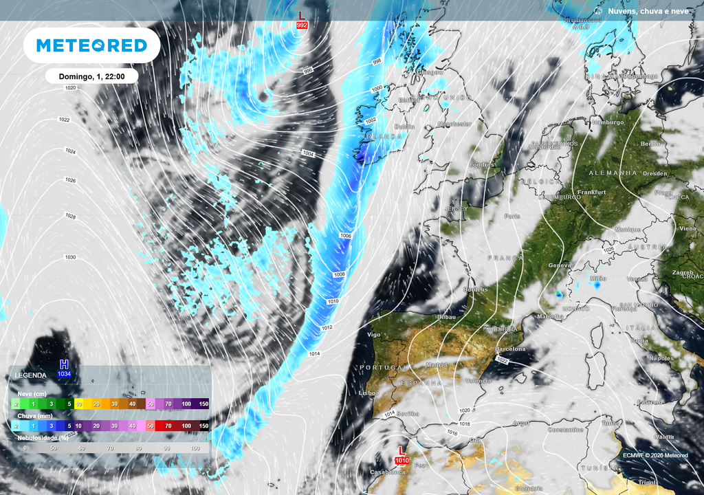 Frente fria associada a depressão a noroeste da Europa aproxima-se de Portugal, enquanto um centro de baixas pressões permanece a sul da Península Ibérica.