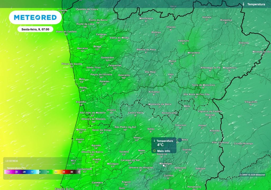 Temperaturas O interior Norte e Centro poderá registar temperaturas entre 6 e 8 ºC no início da manhã de sexta-feira, com Manteigas a poder descer até cerca de 4 ºC.