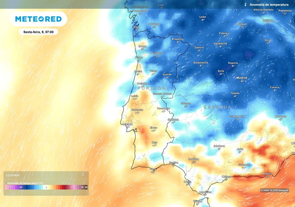 Anomalia da temperatura Apesar da recuperação das máximas, a manhã de sexta-feira será mais fresca do que o habitual no interior Norte e Centro, com anomalias negativas que poderão atingir cerca de 4 a 5 ºC.