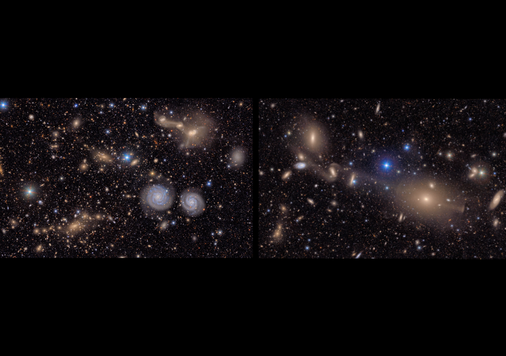 As duas imagens mostram regiões do aglomerado de Virgem com diversas galáxias e até algumas estrelas da Via Láctea. Crédito: Vera C. Rubin Observatory