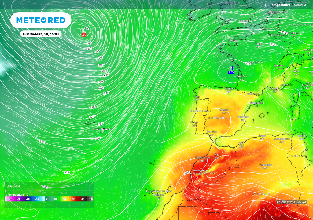 Temperatura 925 hPa A temperatura a 925 hPa evidencia a entrada de ar quente do Norte de África em direção à Península Ibérica.