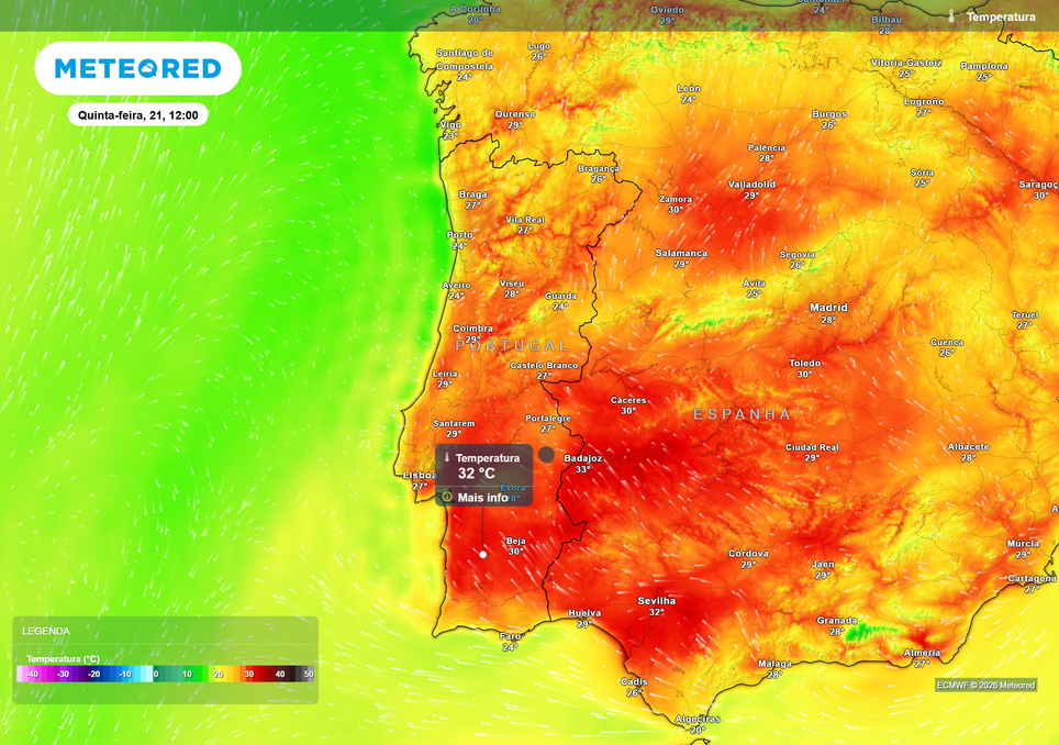 Temperatura Calor intenso logo ao meio-dia: grande parte do Alentejo já deverá superar os 30 ºC antes do pico diário.