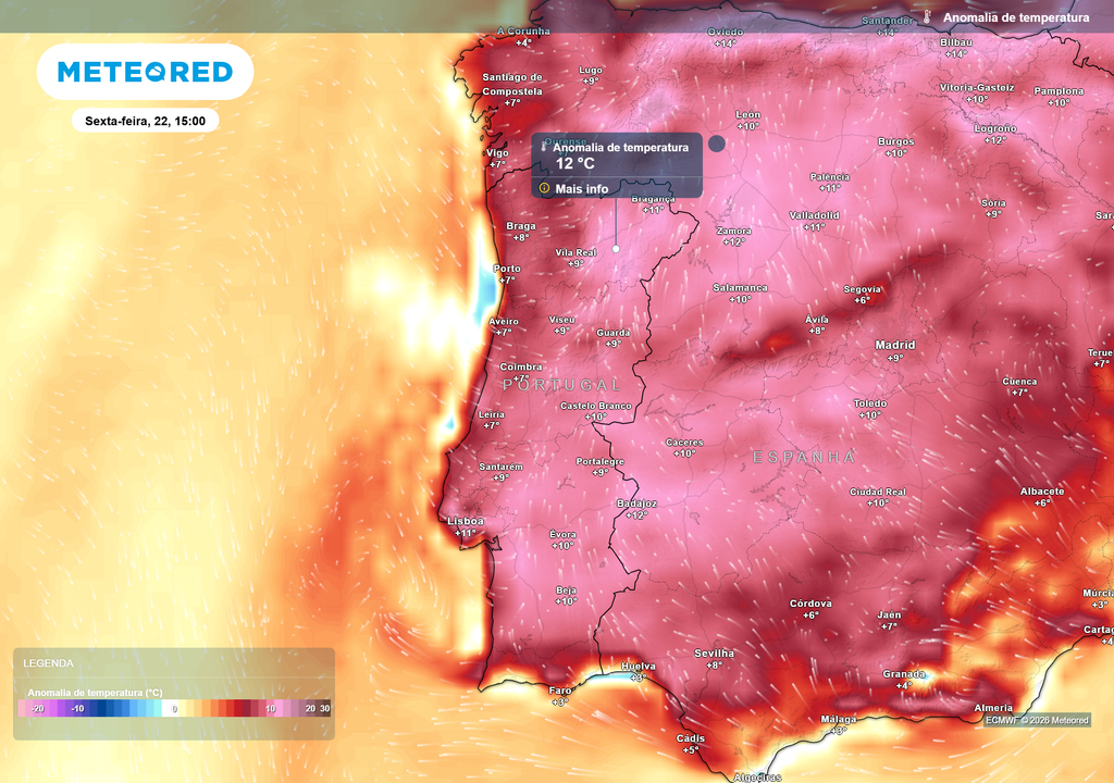 Anomalia da temperatura Anomalias térmicas muito positivas, com várias regiões entre 8 e 12 ºC acima da média climatológica para a época.