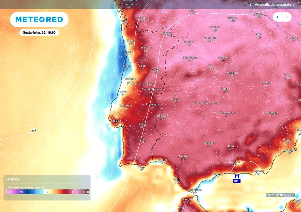 Na sexta-feira, o contraste térmico será evidente entre o litoral e o interior. Aveiro poderá ficar 2 ºC abaixo do habitual, enquanto no interior persistem anomalias positivas que poderão atingir 9 ºC na Guarda.