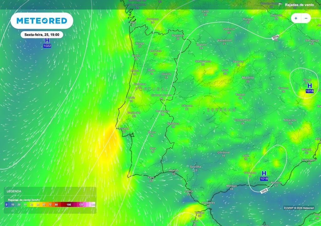 O vento deverá ganhar intensidade durante a tarde de sexta-feira, com rajadas acima dos 30 km/h em vários pontos da faixa ocidental, reforçando a influência marítima junto ao litoral.