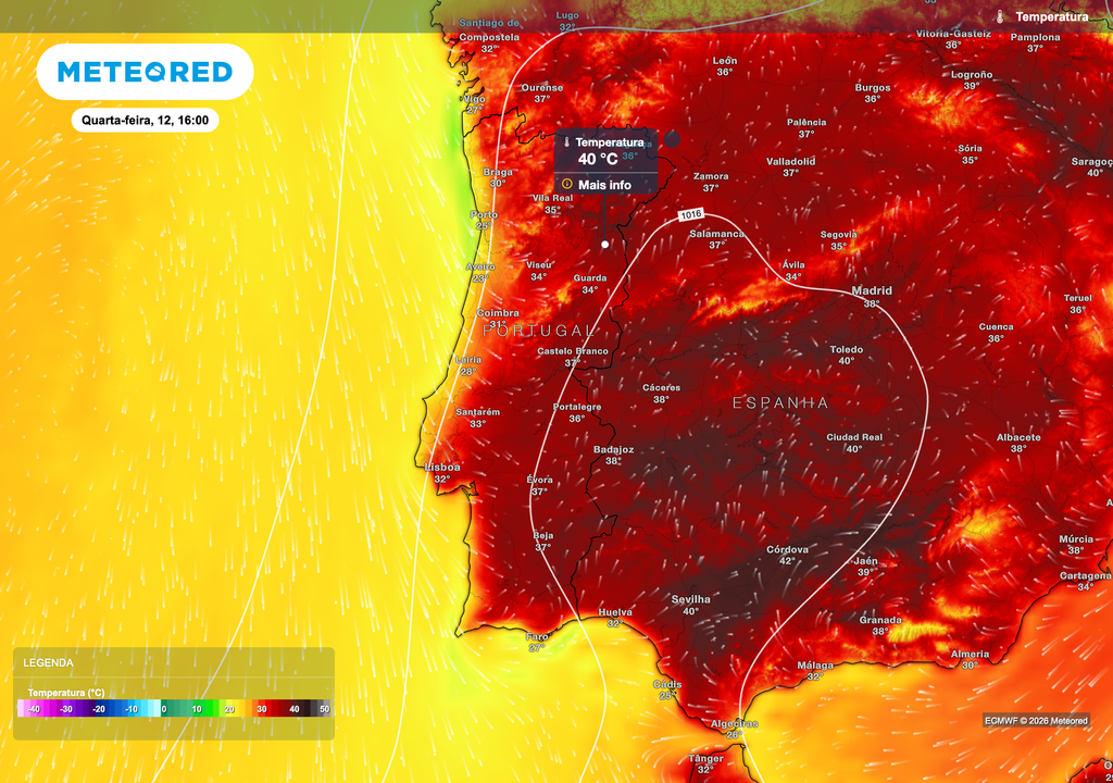 O calor intensificar-se-á na quarta-feira, com temperaturas geralmente entre 35 e 37 ºC no interior, podendo aproximar-se dos 40 ºC sobretudo no nordeste transmontano e no Alentejo. Junto à costa ocidental, a influência marítima manterá os termómetros mais moderados.