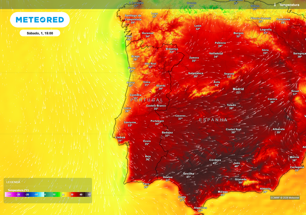Temperatura O mês de agosto arranca com calor em praticamente todo o país, com máximas próximas dos 40 °C no interior do Algarve e acima dos 30 °C na maioria das regiões.
