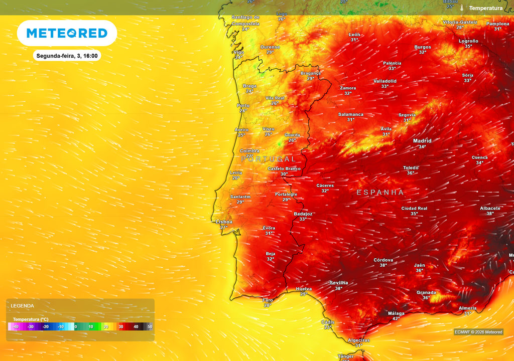 Temperatura A aproximação da depressão fará descer as temperaturas no litoral Norte e Centro, enquanto o interior do Alentejo e do Algarve continuará acima dos 30 °C.