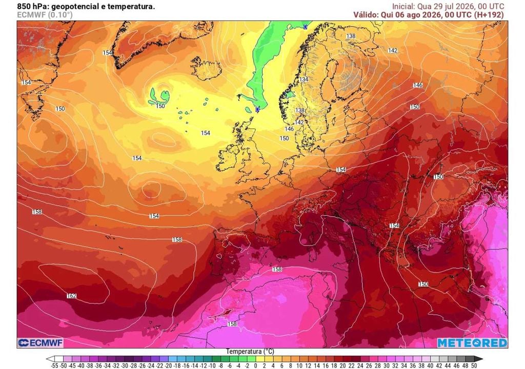 Geopotencial e Temperatura 850 hPa Após a passagem da depressão, o ar muito quente proveniente do Norte de África poderá voltar a reforçar-se sobre a Península Ibérica, favorecendo uma nova subida das temperaturas na segunda metade da semana.
