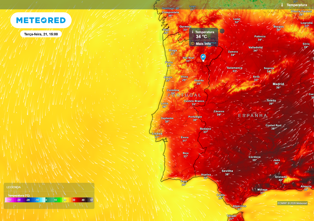 Temperatura Até quinta-feira (23), o calor manter-se-á próximo dos valores normais para a época na maior parte do país. O Norte e Centro começam, contudo, a sentir os primeiros efeitos da aproximação da bolsa de ar frio, enquanto o interior continua mais quente.