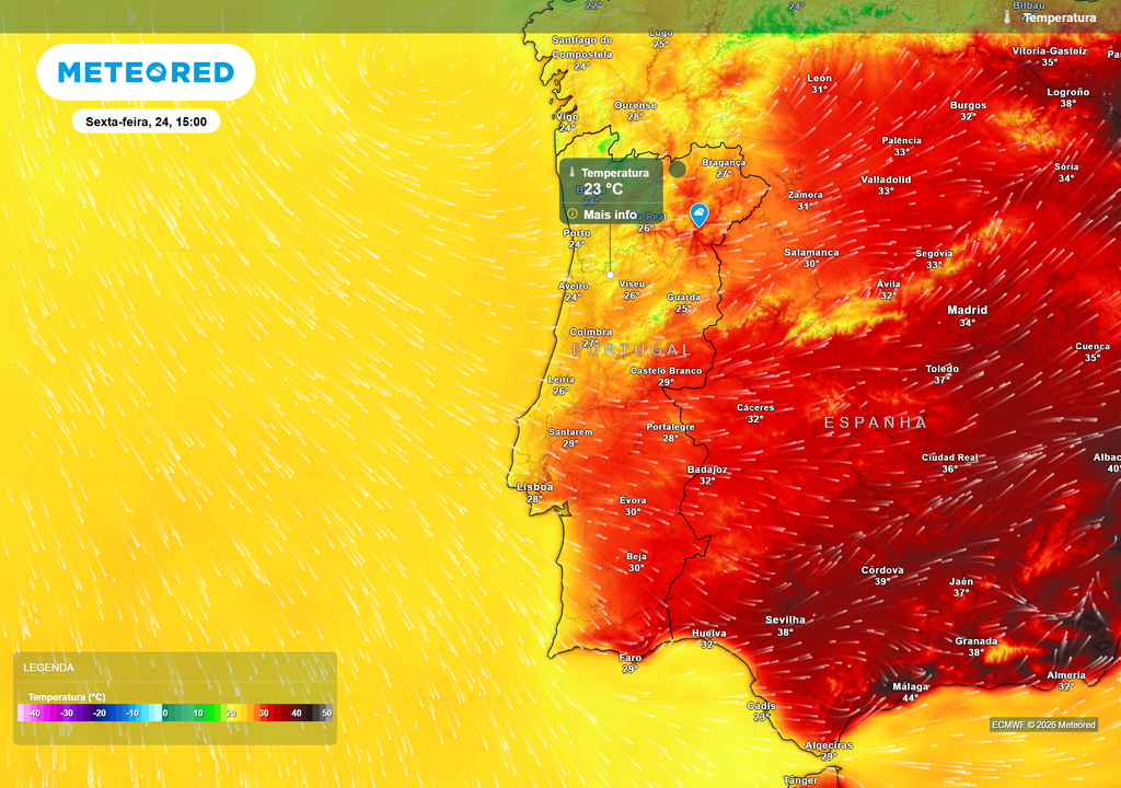 A chegada do ar frio em altitude irá favorecer uma descida acentuada das temperaturas, sobretudo nas regiões Norte e Centro, onde as máximas poderão diminuir entre 5 e 6 °C face ao início da semana.