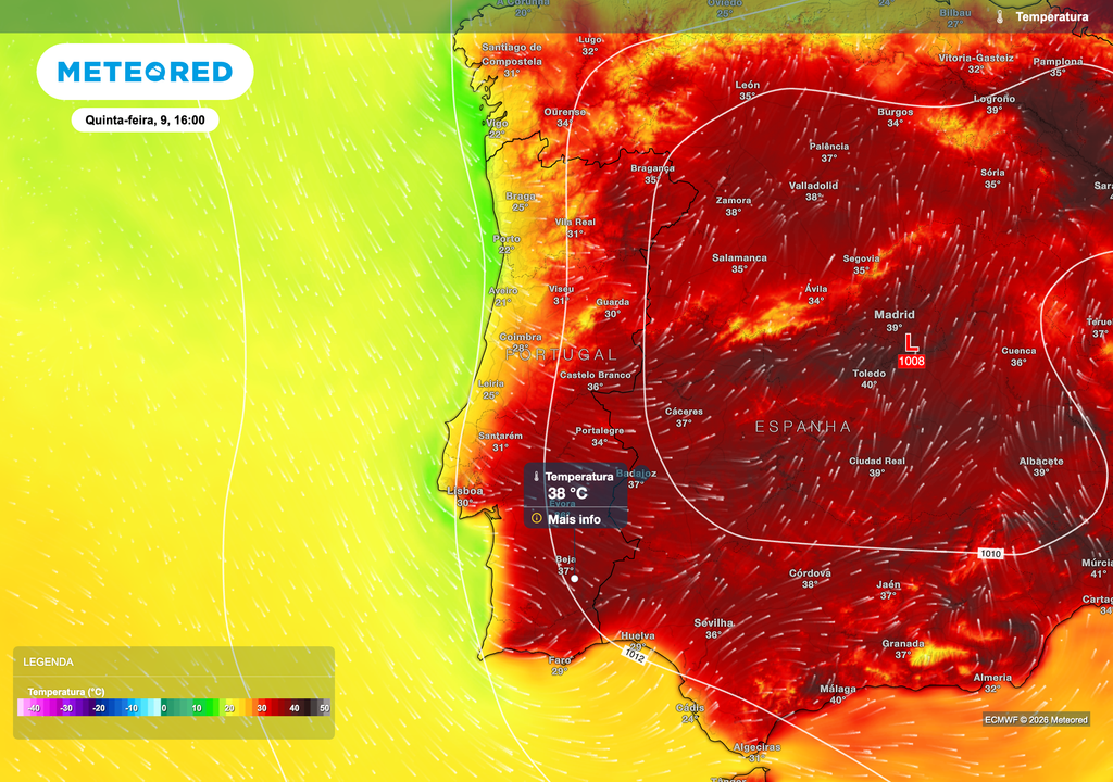 O calor deverá persistir sobretudo no interior Norte, Centro e Alentejo, onde ainda poderão registar-se máximas próximas dos 40 ºC. No litoral, a entrada de ar marítimo favorecerá uma descida gradual das temperaturas.