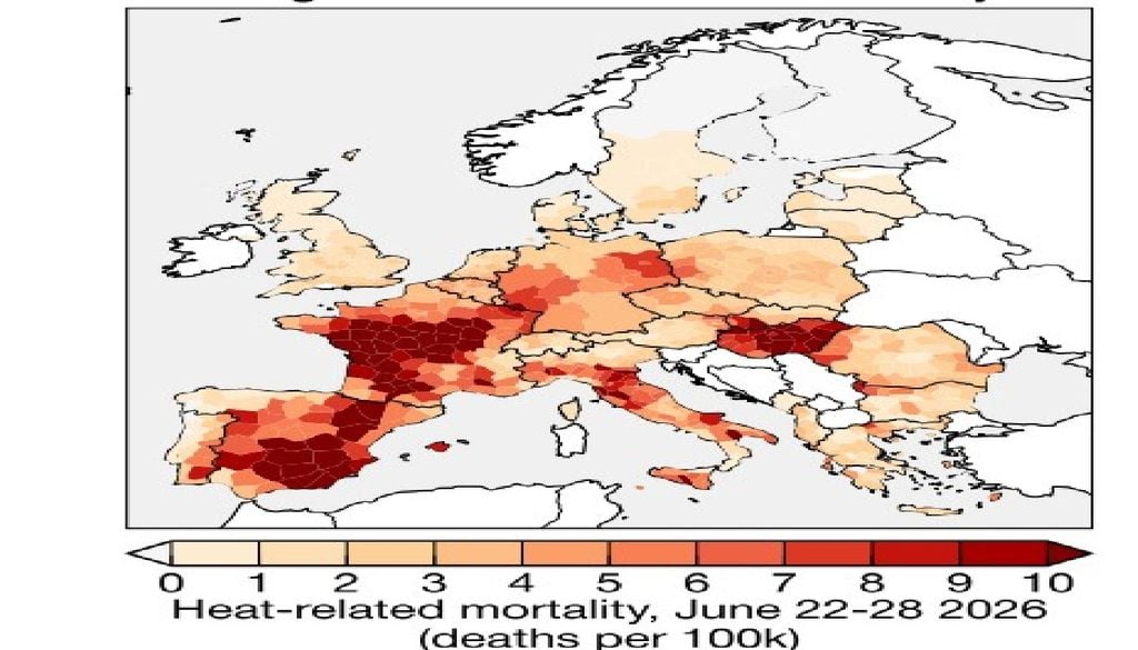 Onda de calor na Europa Taxas de mortalidade relacionadas com o calor específicas por região (mortes por cada 100 000 habitantes) na semana de 22 a 28 de junho. As regiões a branco são aquelas para as quais não existem dados contínuos de mortalidade (Fonte: Christopher Callahan, “Death toll exceeds 20 000 across Europe in June 2026 heat wave”)