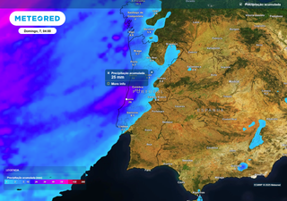 A partir da 1 hora de domingo chegarão as chuvas mais intensas da frente fria a Portugal: cairão até 25mm em pouco tempo