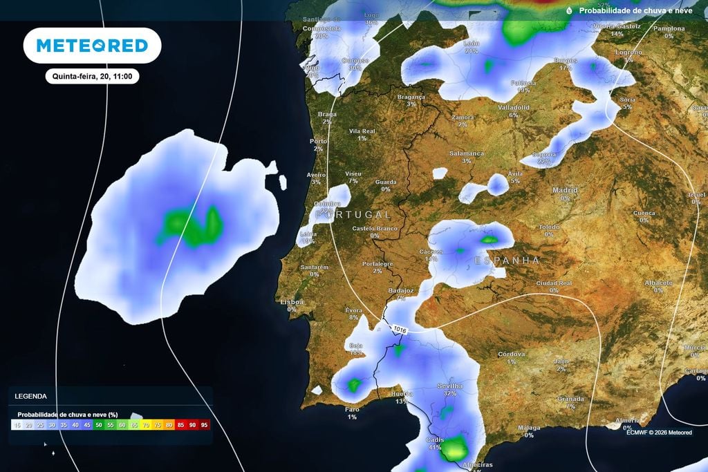 A probabilidade de chuva começa a aumentar no final da manhã Às 11 horas, o ECMWF já projeta probabilidades de precipitação superiores a 20% em alguns setores do Centro, enquanto no restante território os valores são, em geral, mais reduzidos.